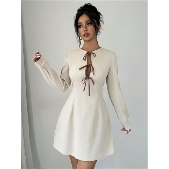 Women's Casual Color Block Drawstring Long Sleeve Dress, Spring/Fall - Picture 4 of 7